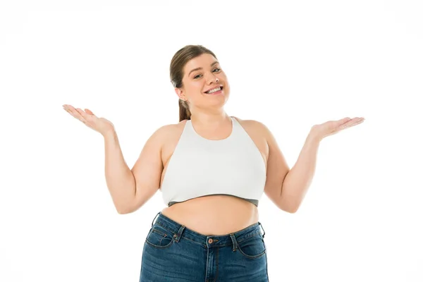 Happy smiling overweight woman isolated on white, body positivity concept — Stock Photo