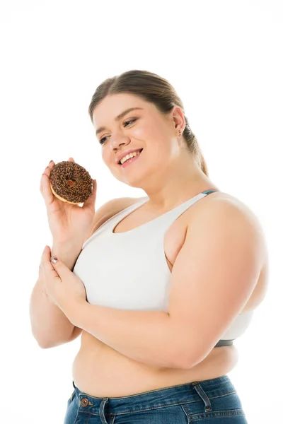 Happy overweight woman holding sweet doughnut isolated on white, body positivity concept — Stock Photo