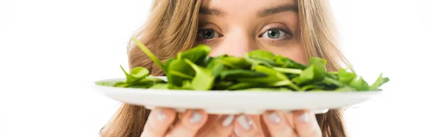 Messa a fuoco selettiva della giovane donna che tiene il piatto con foglie di spinaci verdi isolate sul bianco — Foto stock