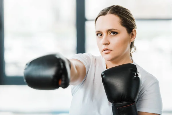Selective focus of confident overweight girl practicing kickboxing — Stock Photo