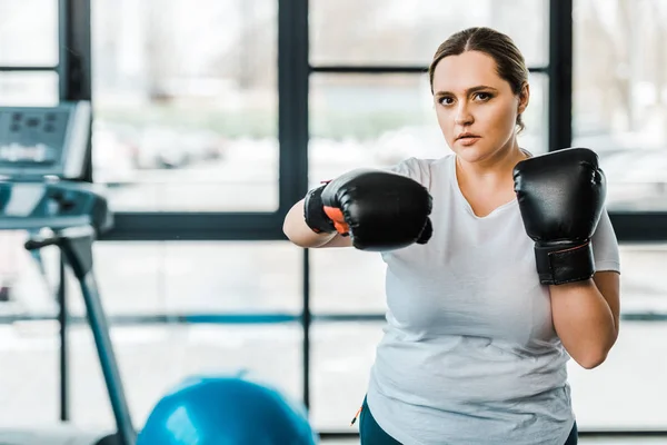 Serious overweight woman wearing boxing gloves practicing kickboxing in gym — Stock Photo
