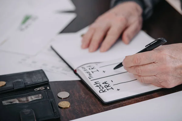 Cropped view of senior woman writing in notebook with roth ira and traditional ira words — Stock Photo