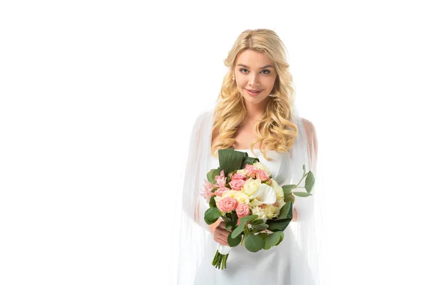 Charming bride holding beautiful wedding bouquet and looking at camera isolated on white — Stock Photo