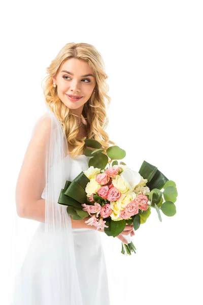 Beautiful bride in elegant white dress holding wedding bouquet isolated on white — Stock Photo