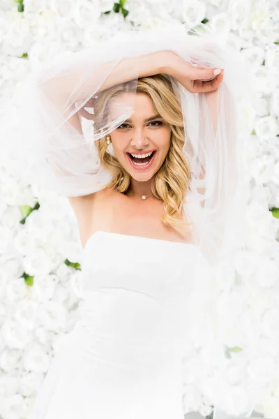 Cheerful young bride holding bridal veil in raised hands on white floral background — Stock Photo