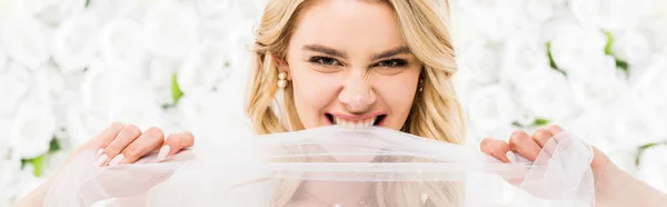 Cheerful young bride biting bridal veil on white floral background — Stock Photo