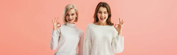 Panoramic shot of attractive brunette and blonde girls showing ok sign isolated on pink — Stock Photo