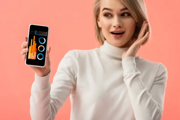 Селективный фокус удивленной блондинки, держащей смартфон с графиками и графиками на экране, изолированном на розовом — стоковое фото