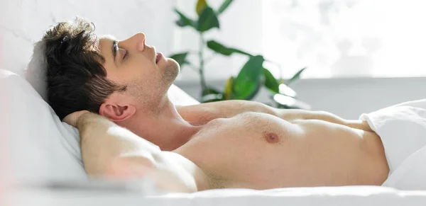 Panoramic shot of handsome man sleeping on bed with bare torso in bedroom — Stock Photo