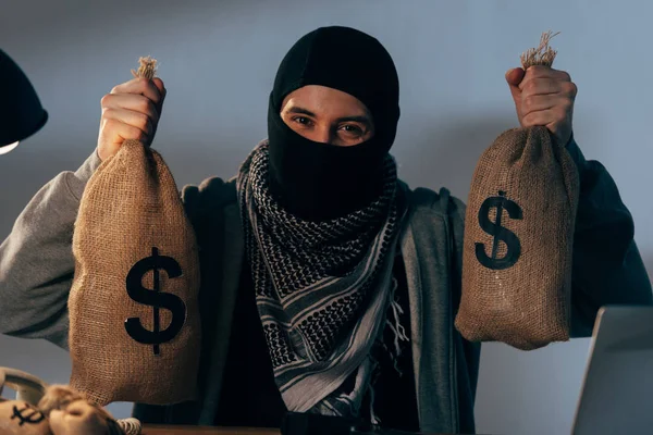 Alegre terrorista en máscara sosteniendo bolsas con dólares y mirando a la cámara - foto de stock