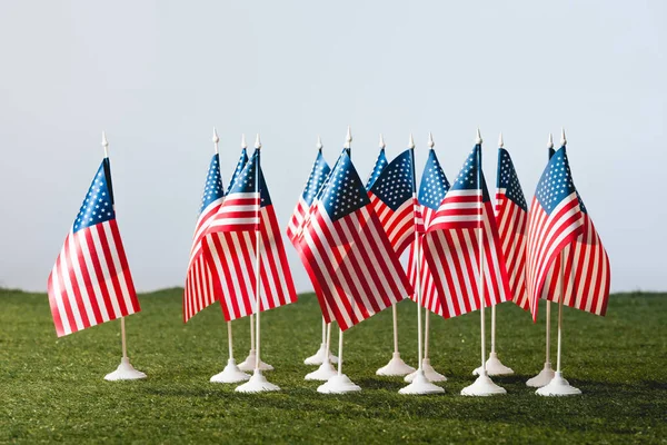 Amerikanische Flaggen mit Sternen und Streifen auf grünem Gras vereinzelt auf grauem Grund — Stockfoto