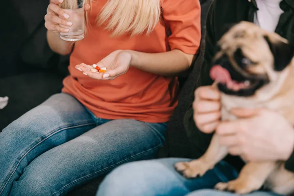 Vista ritagliata di donna allergica alle pillole per cani e bicchiere d'acqua vicino all'uomo con carlino — Foto stock