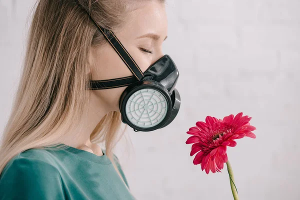 Ragazza bionda con allergia al polline indossando maschera respiratoria e odore di fiore di gerbera rosa — Foto stock