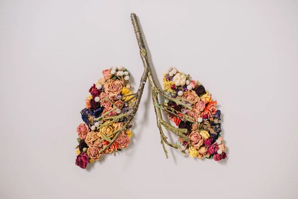Top view of floral composition with dried flowers and twigs in shape of lungs on grey — Stock Photo