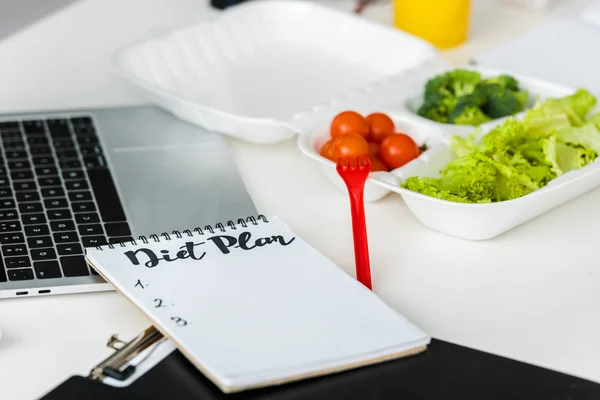 Notebook with diet plan lettering near organic vegetables in take away box — Stock Photo