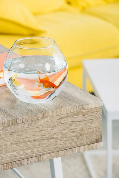 Fuoco selettivo di acquario con pesci d'oro su tavolo di legno — Foto stock