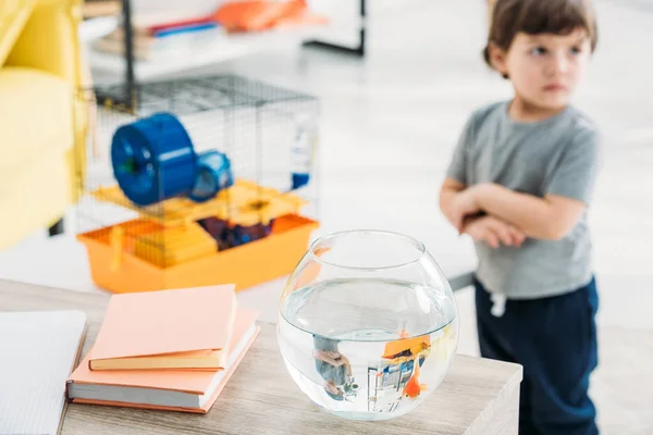 Selective focus of boy standing near wooden table with fish bowl and books — Stock Photo