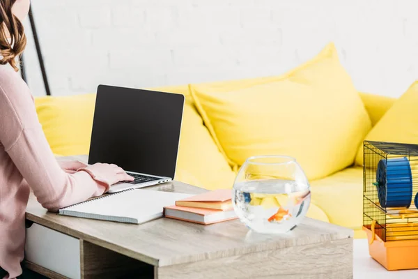 Frau mit Laptop am Tisch in der Nähe von Büchern und Fischschale — Stockfoto