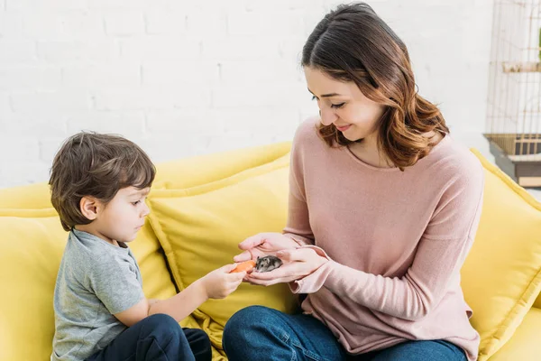 Sonriente madre con adorable hijo sosteniendo lindo hámster mientras está sentado en amarillo sofá - foto de stock