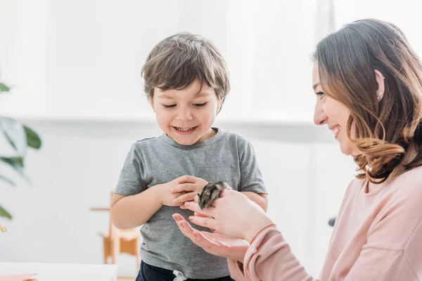 Mulher alegre segurando bonito hamster perto sorrindo filho adorável — Fotografia de Stock