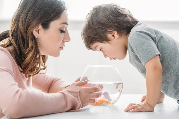 Donna attraente con adorabile figlio guardando in ciotola di pesce a casa — Foto stock