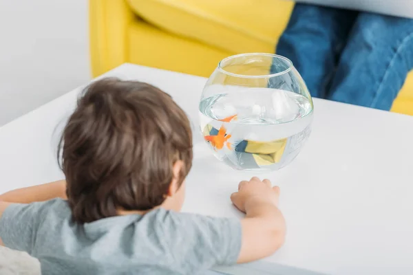 Vue arrière du garçon mignon debout près de la table blanche avec bol à poisson — Photo de stock