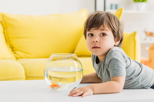 Adorable child standing near glass fish bowl and looking at camera — Stock Photo