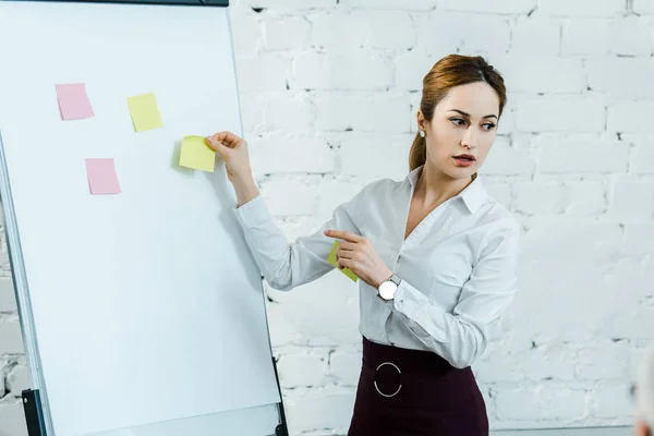 Atractivo entrenador de negocios de pie cerca de pizarra blanca y apuntando con el dedo a las notas adhesivas - foto de stock