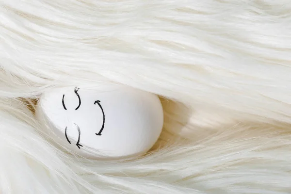 Top view of egg with happy face expression in white wig — Stock Photo