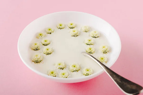 Cucchiaio e fiori di crisantemo in ciotola con porridge su rosa — Foto stock