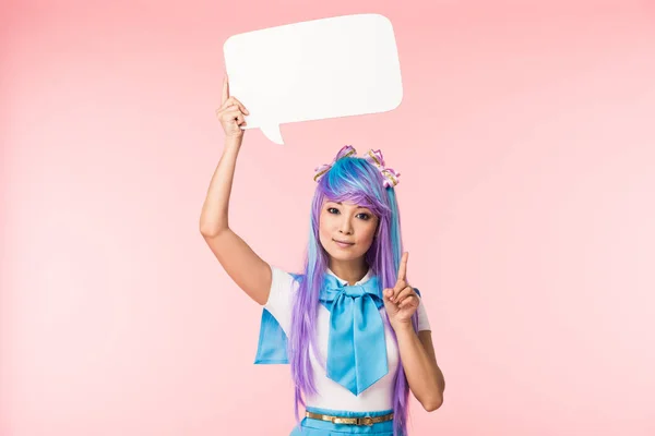 Asiatique anime fille tenue discours bulle et montrant idée signe sur rose — Photo de stock