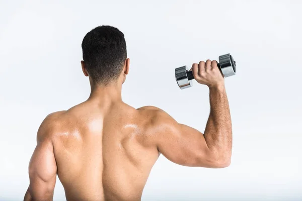 Back view of sportive man with muscular torso holding dumbbell on white — Stock Photo