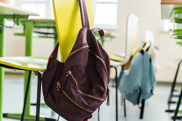 Selective focus of backpacks on chairs in university — Stock Photo