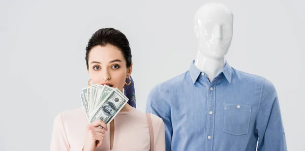 Panoramic shot of beautiful girl near mannequin holding money isolated on grey — Stock Photo