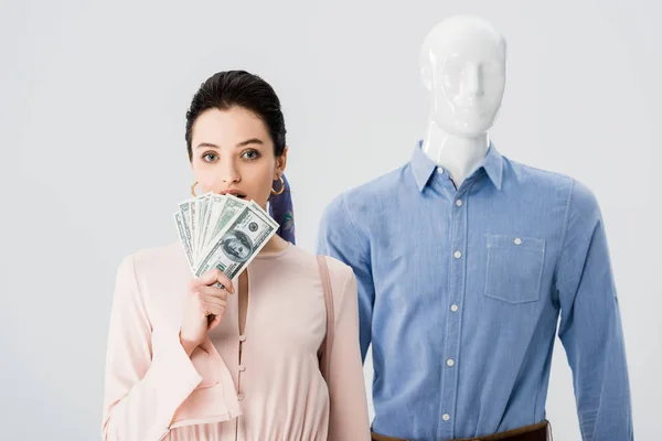 Beautiful girl near mannequin holding money isolated on grey — Stock Photo