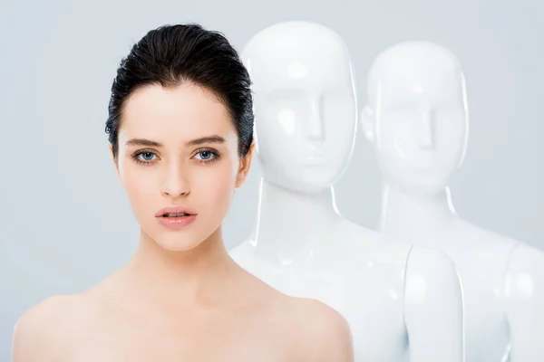 Hermosa chica desnuda posando en fila con maniquíes blancos aislados en gris - foto de stock