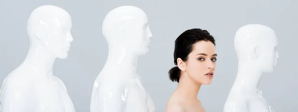 Panoramic shot of beautiful girl posing in row of mannequins and looking at camera isolated on grey — Stock Photo