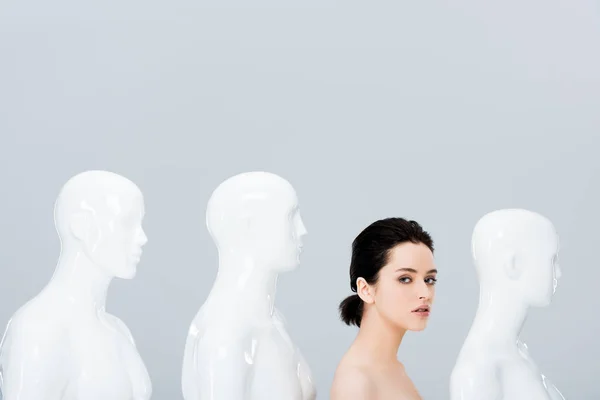 Beautiful nude girl posing in row of mannequins and looking at camera isolated on grey — Stock Photo
