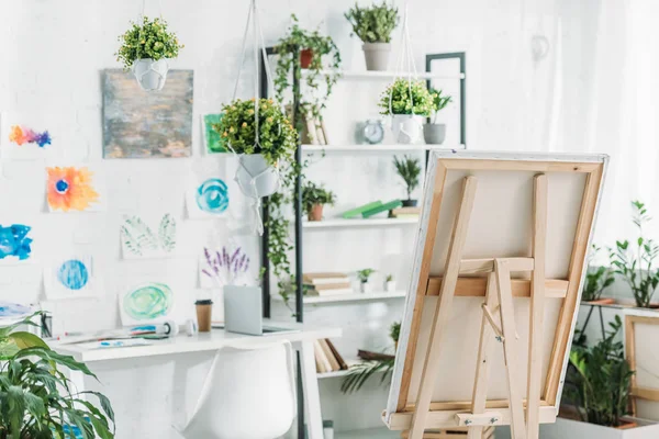 Espaçoso quarto com rack, cavalete, vasos de plantas e pinturas na parede — Fotografia de Stock