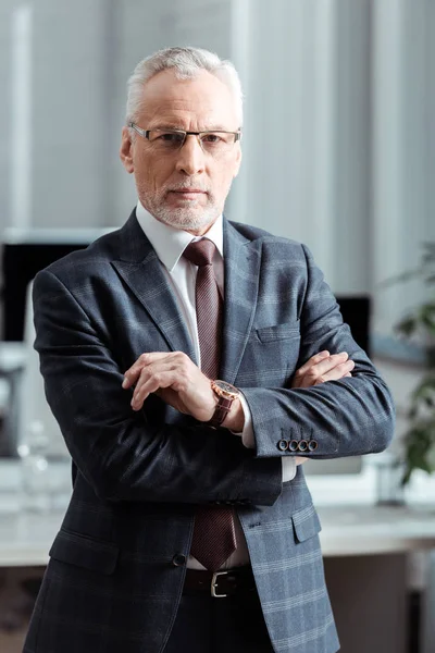 Bell'uomo d'affari in occhiali in piedi con le braccia incrociate in ufficio — Foto stock