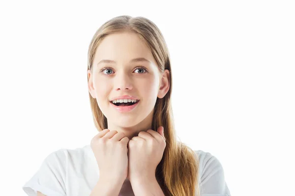 Eccitato ragazza adolescente guardando lontano isolato su bianco — Foto stock