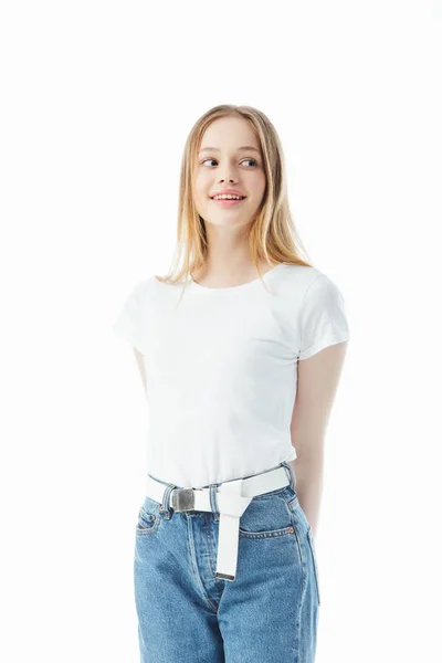 Felice ragazza adolescente guardando lontano isolato su bianco — Foto stock