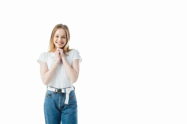 Happy and excited teenage girl looking at camera isolated on white — Stock Photo