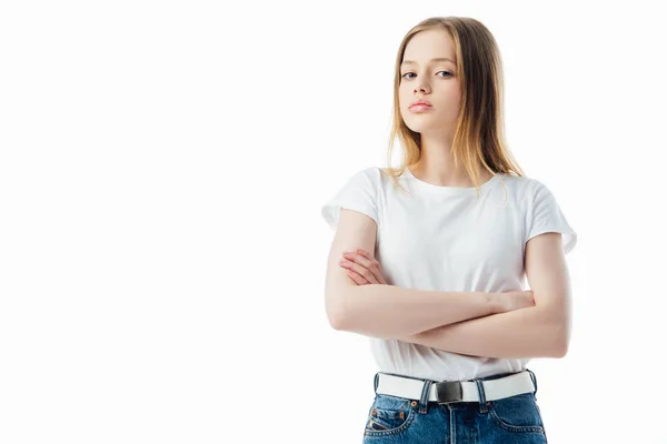 Offensé adolescent fille avec les bras croisés isolé sur blanc — Photo de stock