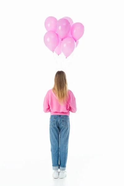 Вид ззаду дівчини-підлітка з рожевими кульками ізольовані на білому — стокове фото