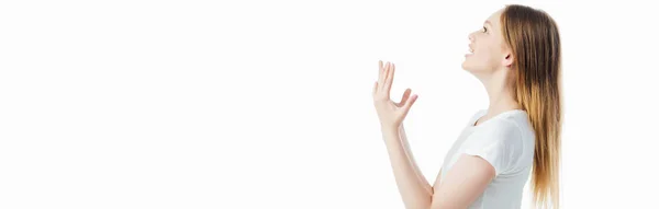 Vista lateral da menina adolescente irritada gesto isolado em branco, tiro panorâmico — Fotografia de Stock