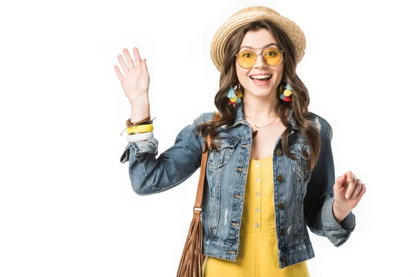 Front view of excited boho girl in boater waving hand isolated on white — Stock Photo