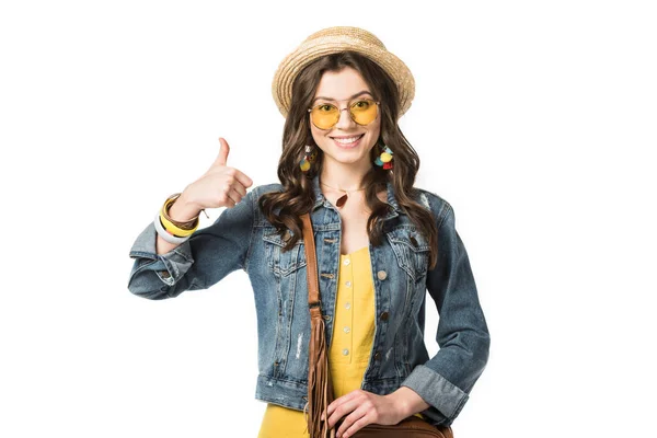 Front view of smiling boho girl showing thumb up isolated on white — Stock Photo