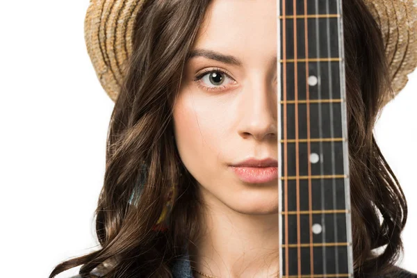 Portrait of beautiful hippie girl with acoustic guitar isolated on white — Stock Photo