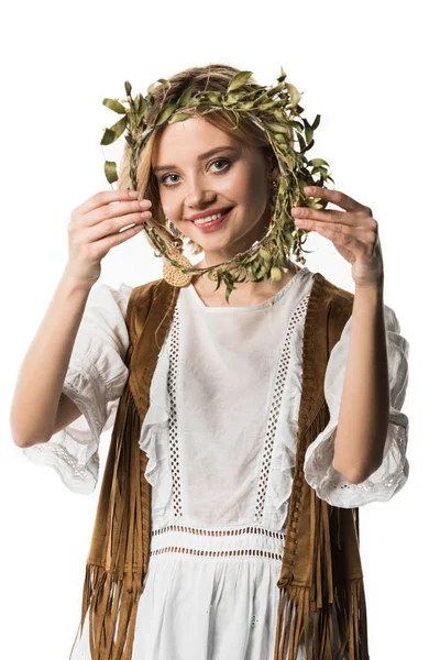 Pretty hobo girl with wreath smiling at camera isolated on white — Stock Photo
